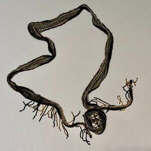 Vintage Black Mesh Gold Sequined Seed Beaded Fringe Tassel Trim Sash Belt India